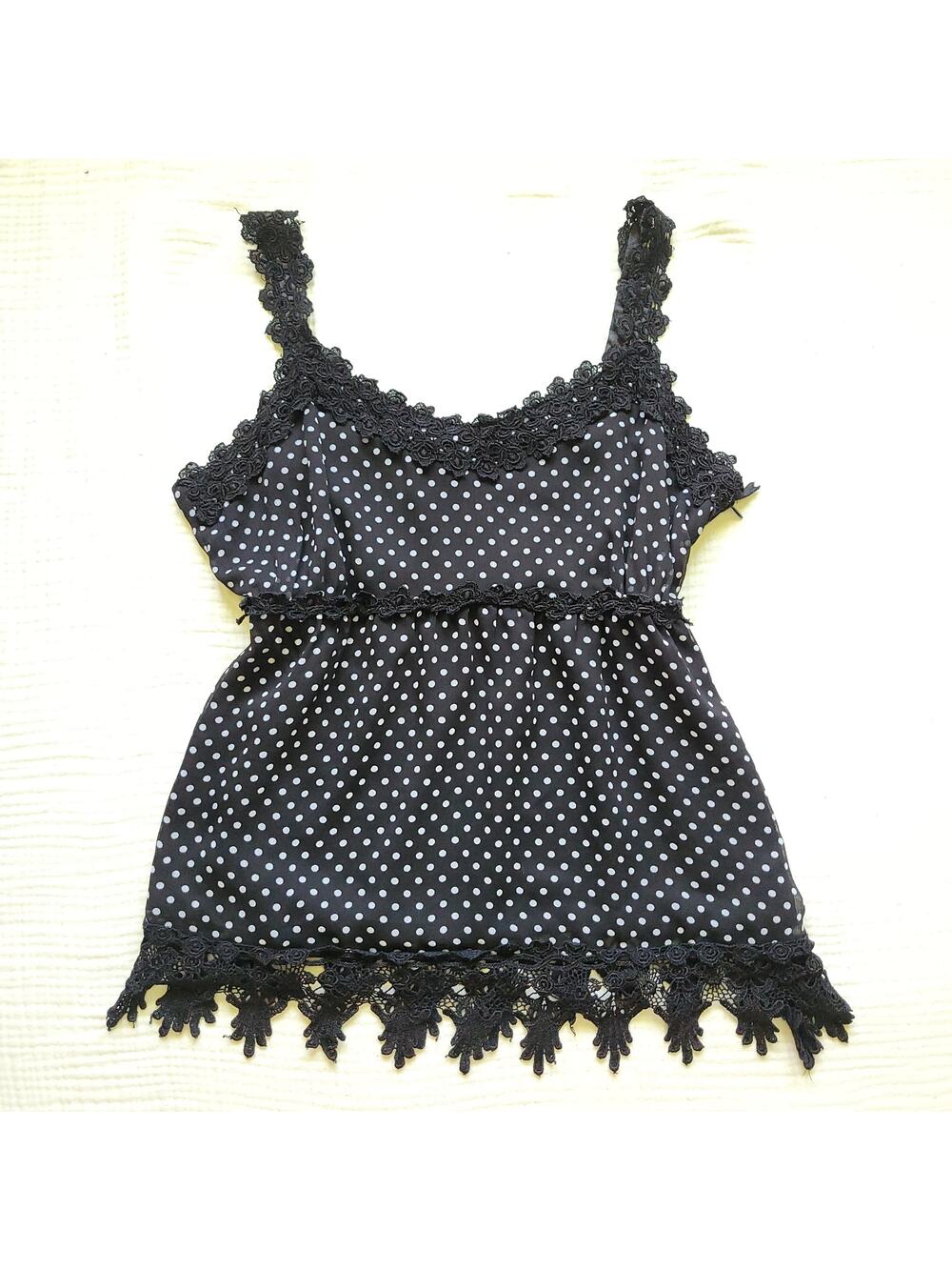 Apt. 9 Womens 14 Black Polka Dot Babydoll Tank Top Lace Trim Sheer Y2K Twee